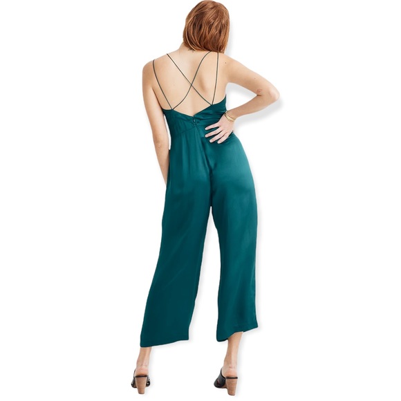 Madewell Green Satin Strappy Cropped Wide Leg Jumpsuit SZ 2 - Picture 2 of 12